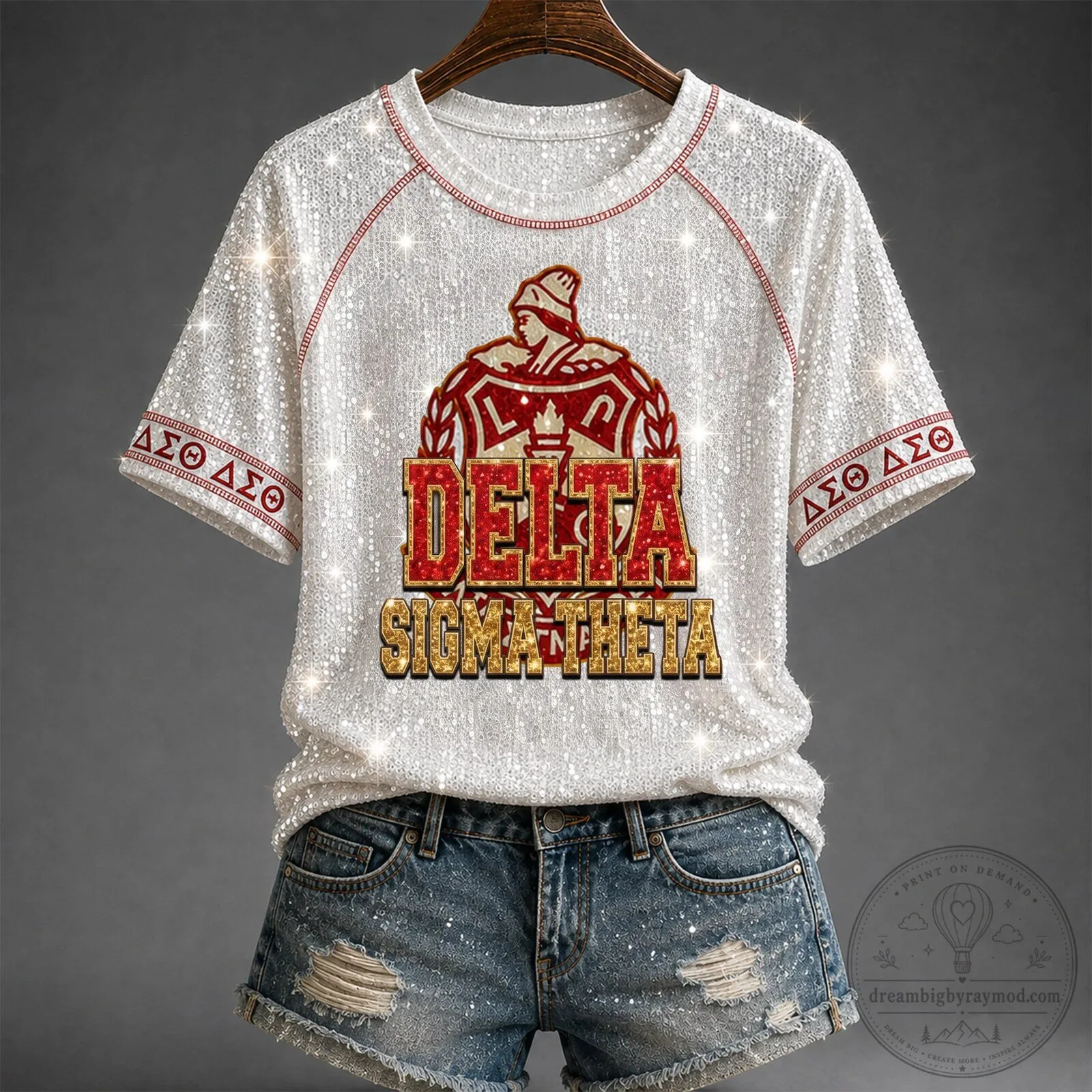 Delta Sigma Theta Sorority Sequin Glitter Red and Gold T-Shirt