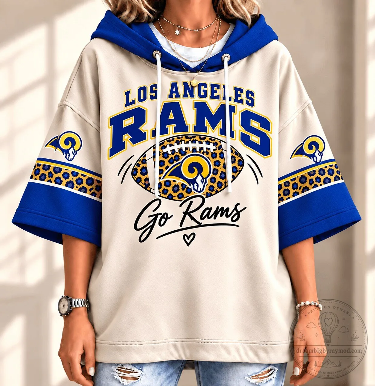 Los Angeles Rams Leopard Print Football Fan Short Sleeve Hoodie