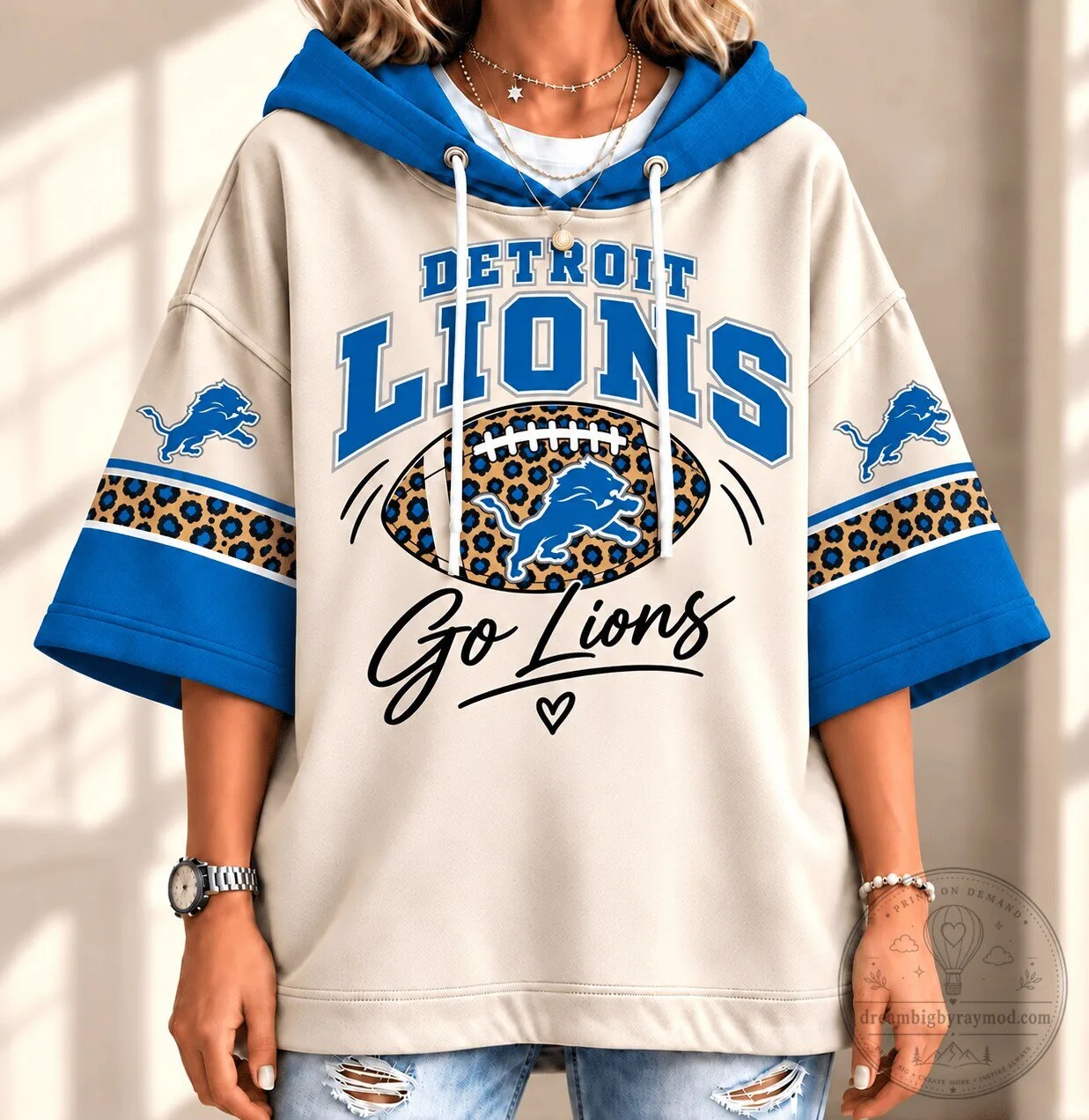 Detroit Lions Leopard Print Football Design Short Sleeve Hoodie