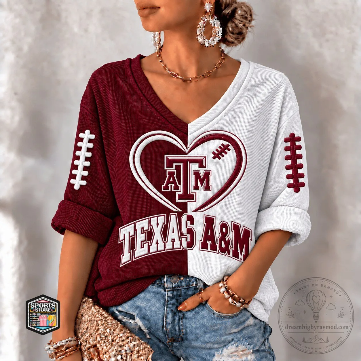 Texas A&M Aggies Football Heart Split Color V-Neck Long Sleeve T-Shirt