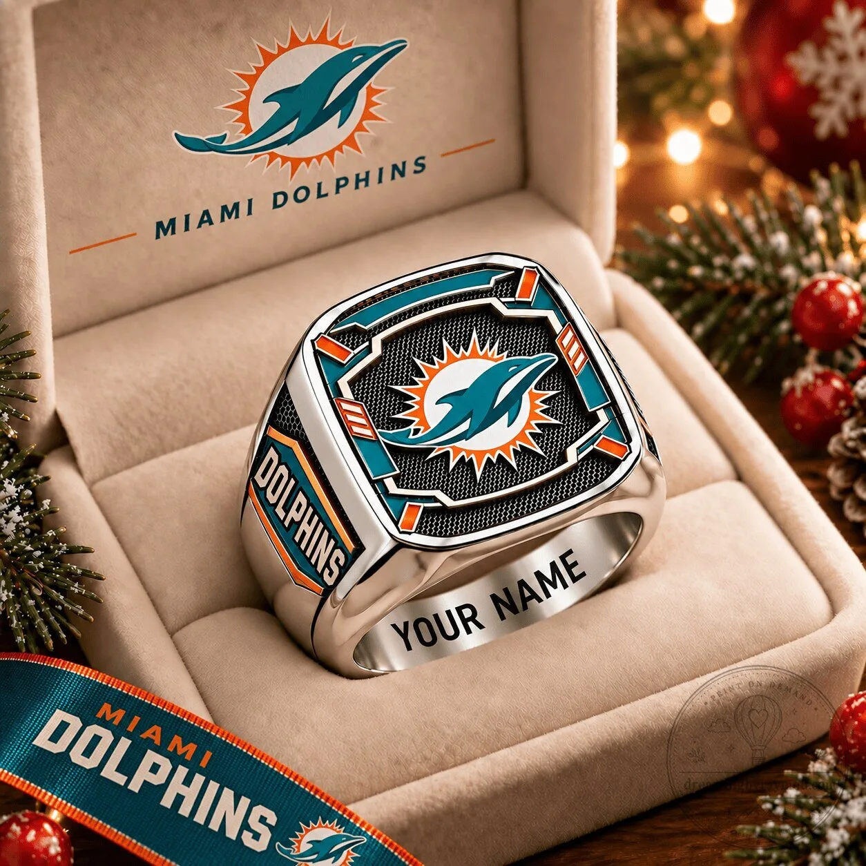 Miami Dolphins Custom Engraved Name NFL Football Team Silver Ring