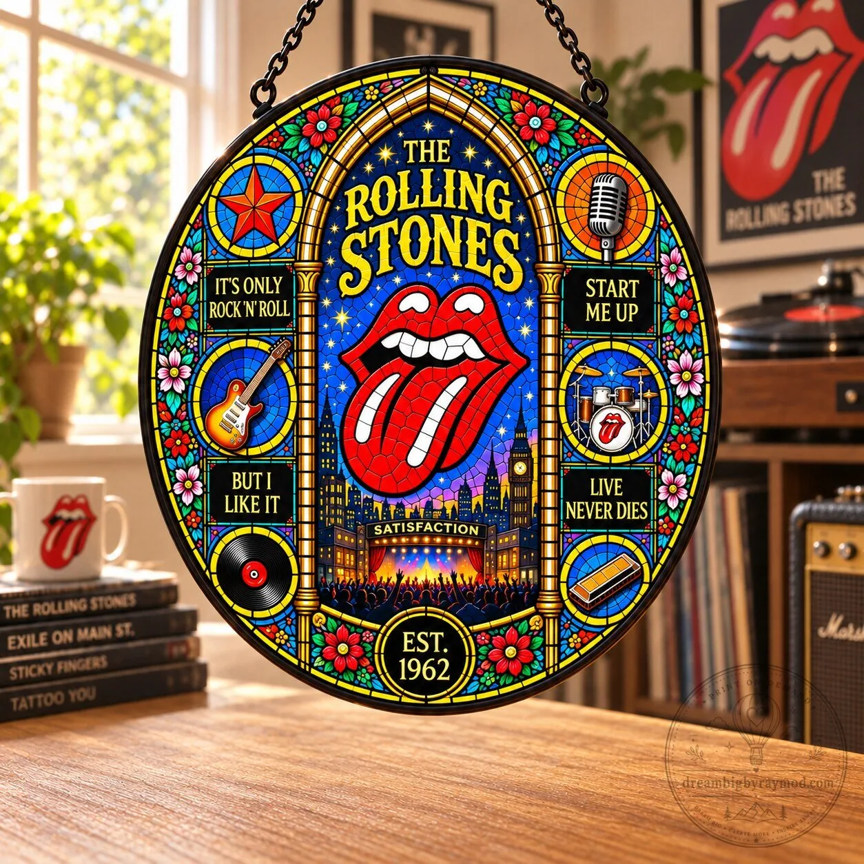The Rolling Stones Stained Glass Window Suncatcher, Satisfaction, Start Me Up, Live Never Dies