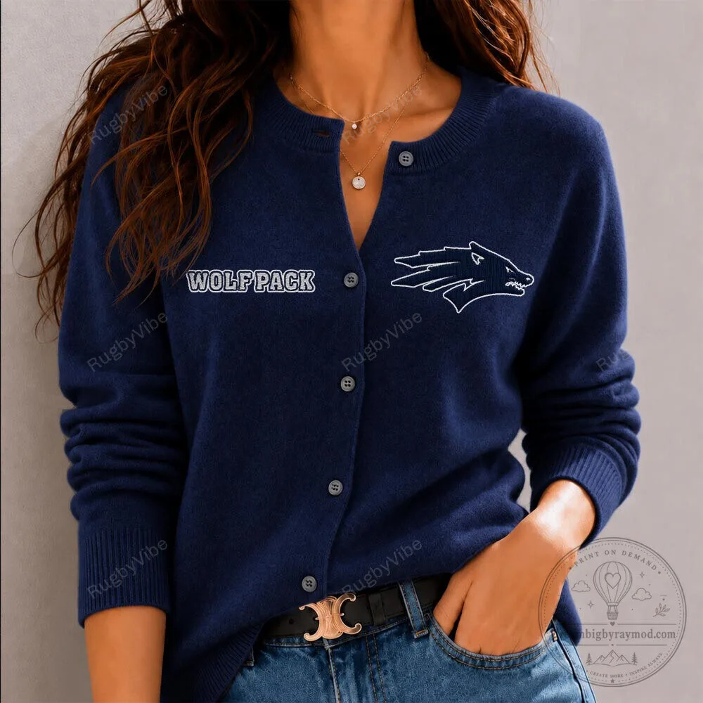 Nevada Wolf Pack Embroidered Logo Navy Blue Womens Cardigan Sweater