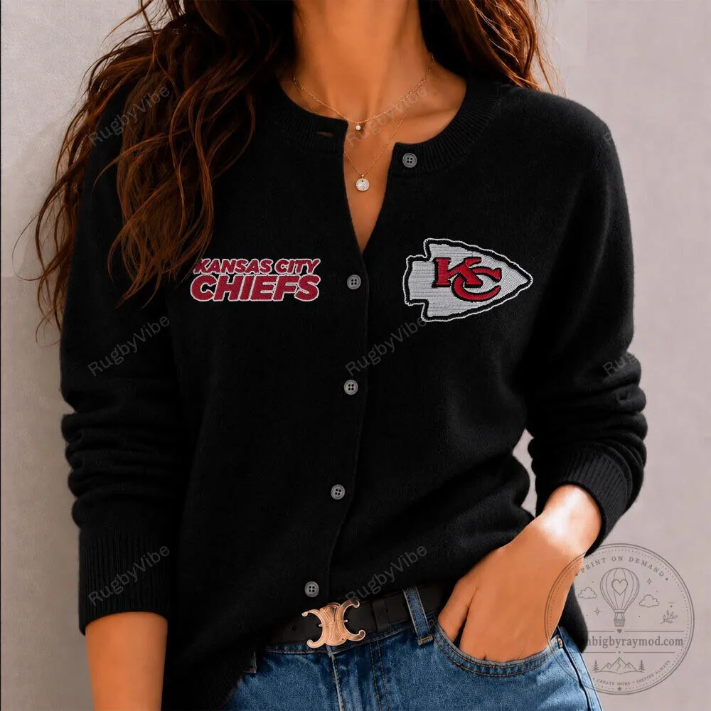 Kansas City Chiefs Embroidered Logo Black Button Up Cardigan Sweater