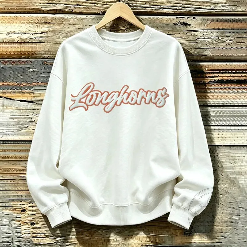 Texas Longhorns Script Logo College Football Fan White Crewneck Sweatshirt