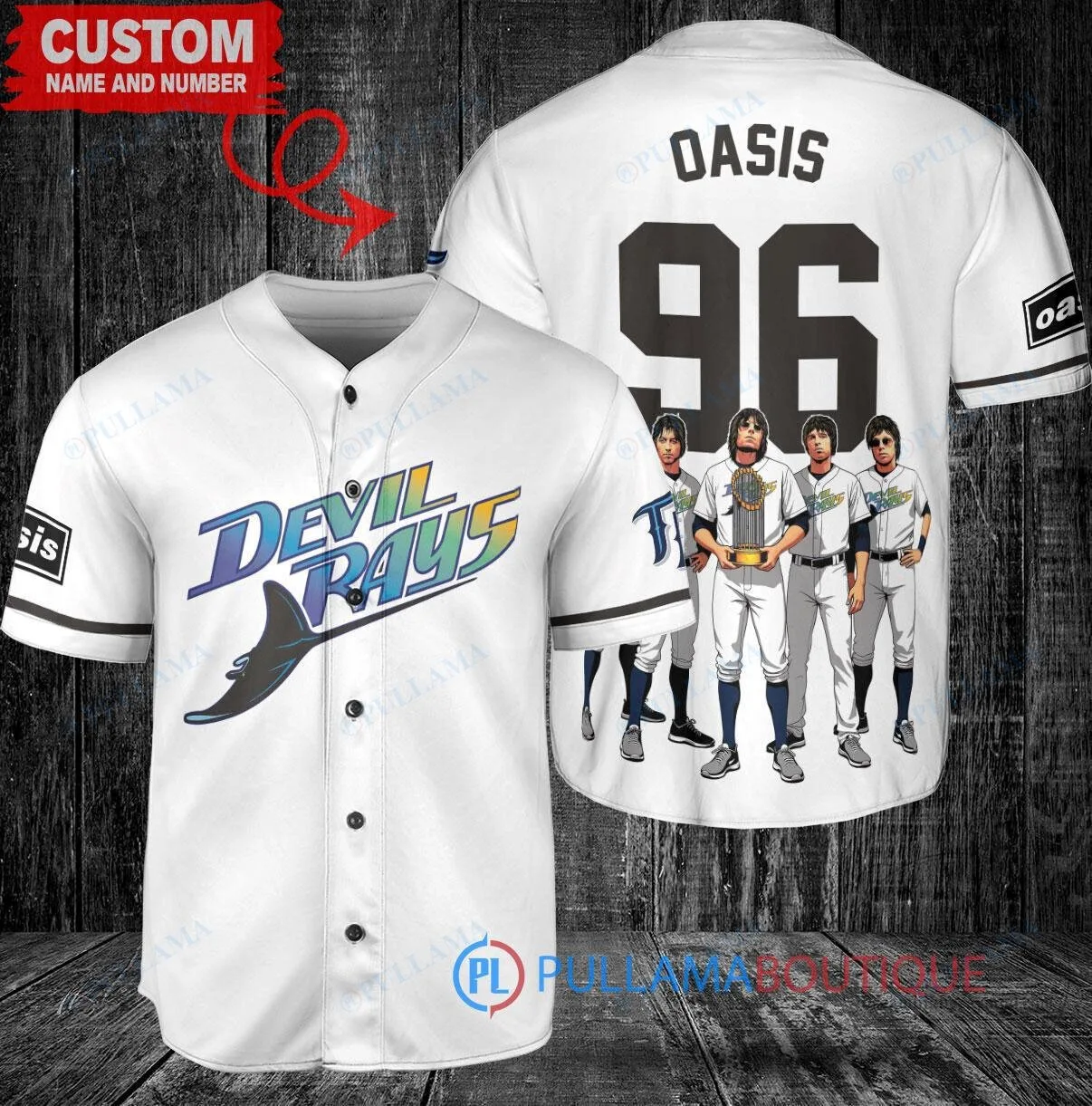Tampa Bay Rays Baseball Jersey with Oasis Band and World Series Trophy Design