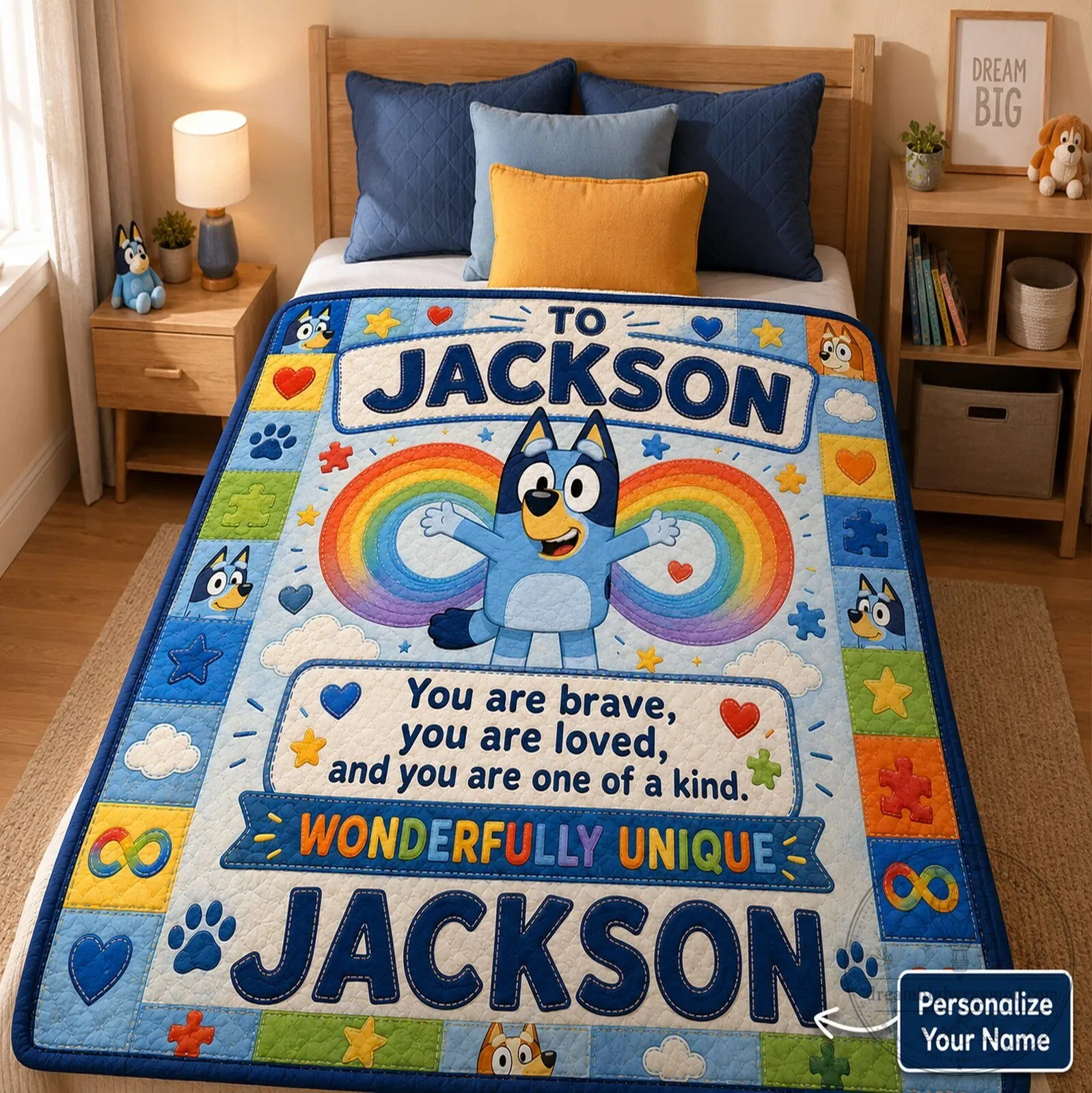 Bluey Personalized Autism Awareness Quilt Blanket for Kids with Custom Name