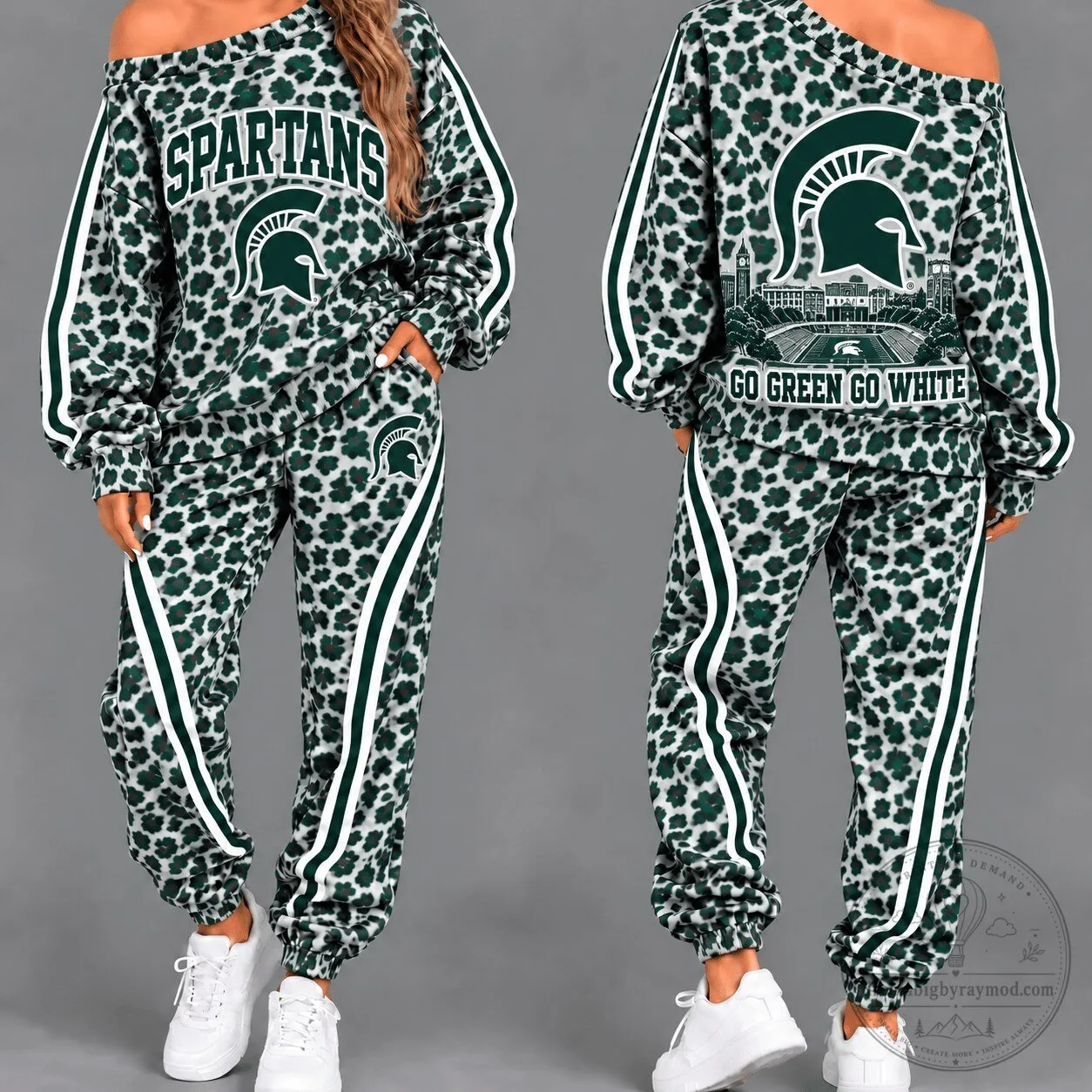 Michigan State Spartans Leopard Print Off Shoulder Tracksuit for Women 1 Michigan State Spartans Leopard Print Off Shoulder Tracksuit for Women