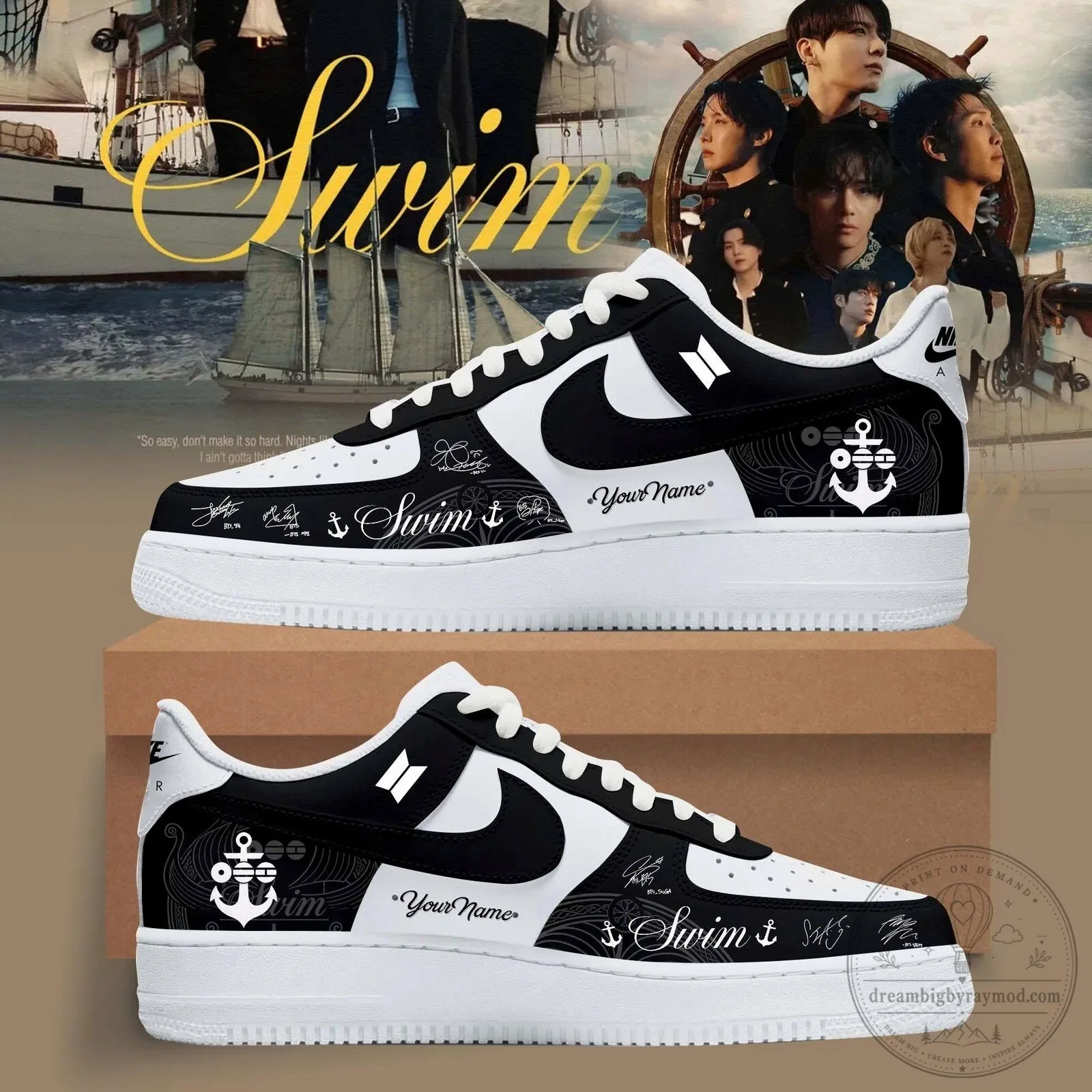 BTS Swim Album Black and White Custom Air Force One Shoes