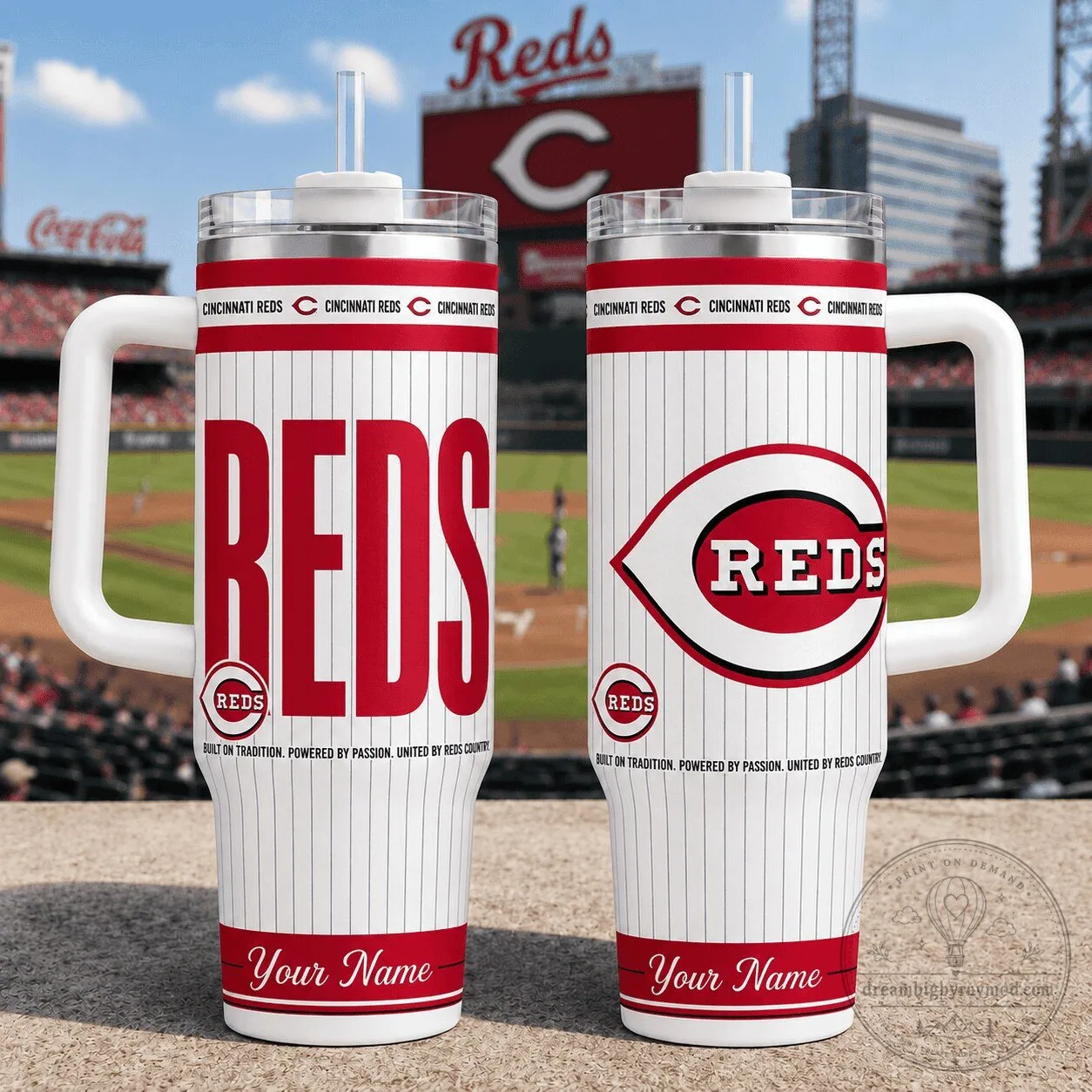 Cincinnati Reds Baseball Personalized Insulated Tumbler with Handle and Straw