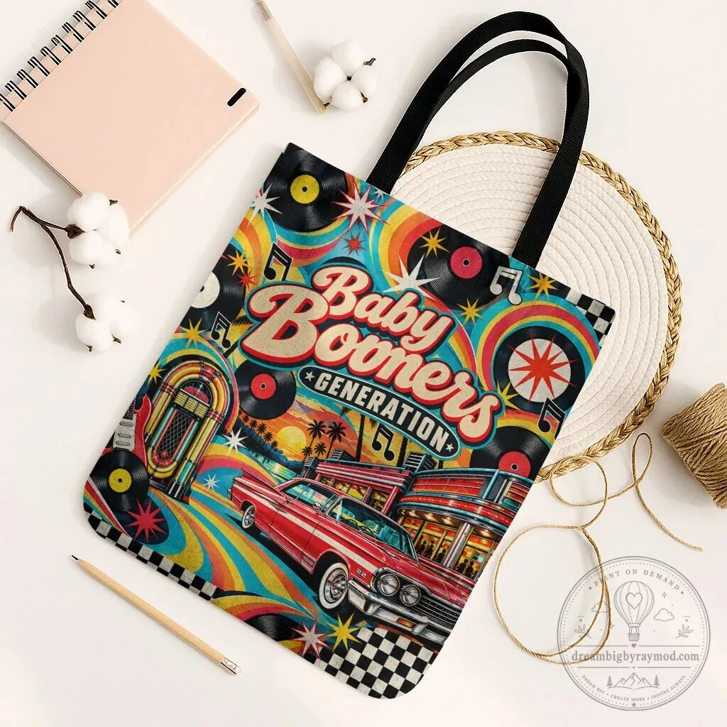 Baby Boomers Generation Vintage Retro Classic Car And Vinyl Records Tote Bag