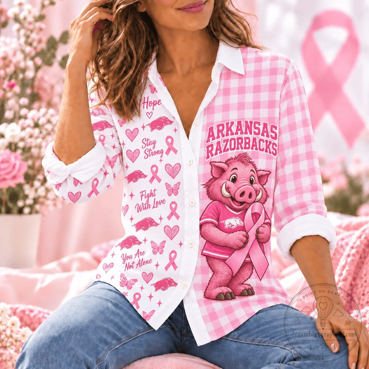 Arkansas Razorbacks Breast Cancer Awareness Pink Gingham Button-Up Shirt