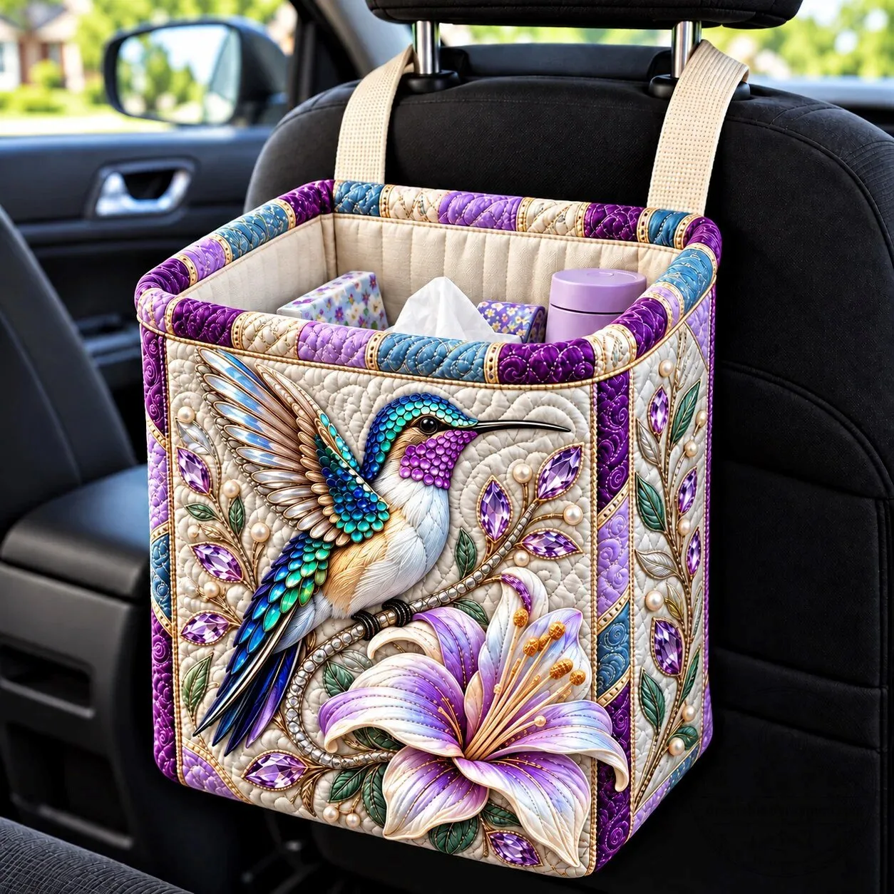Purple Hummingbird and Lily Quilted Car Storage Basket