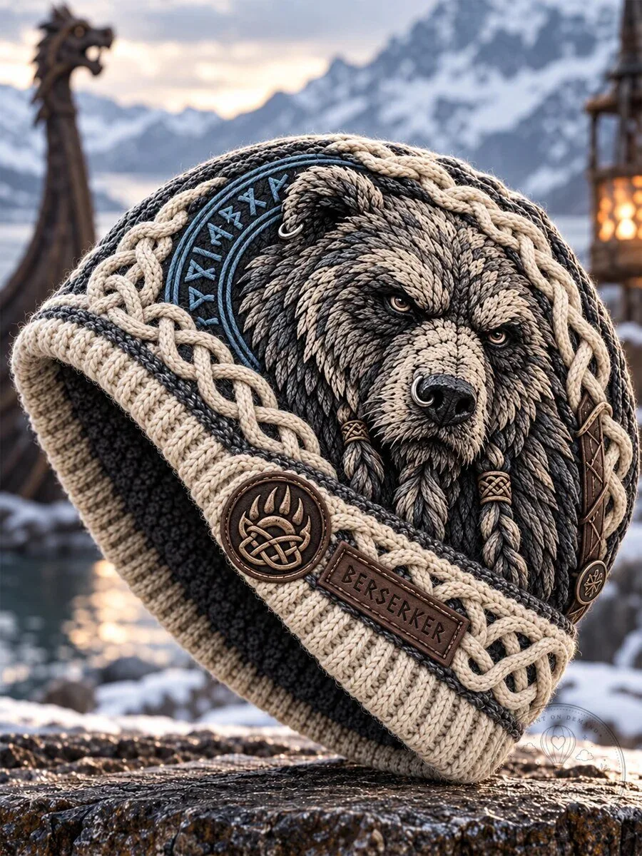 Viking Berserker Bear Nordic Knotwork Winter Knit Cap Hat