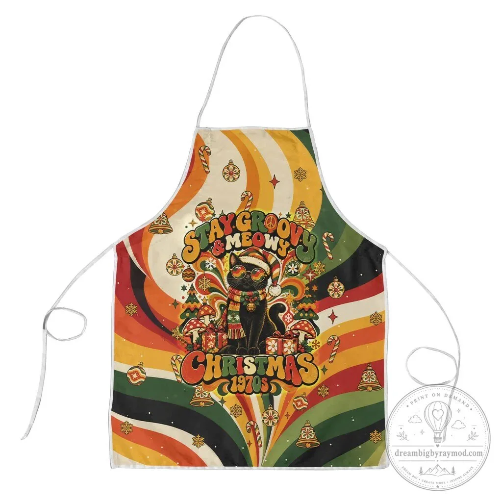 Black Cat Stay Groovy Meowy Christmas 1970s Retro Holiday Apron