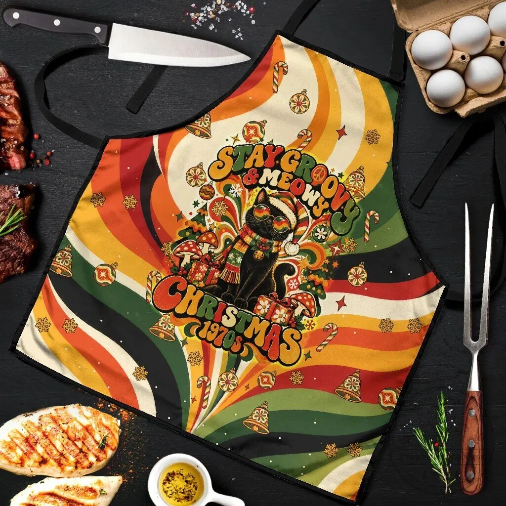 Black Cat Stay Groovy Meowy Christmas 1970s Retro Holiday Apron 7 Black Cat Stay Groovy Meowy Christmas 1970s Retro Holiday Apron