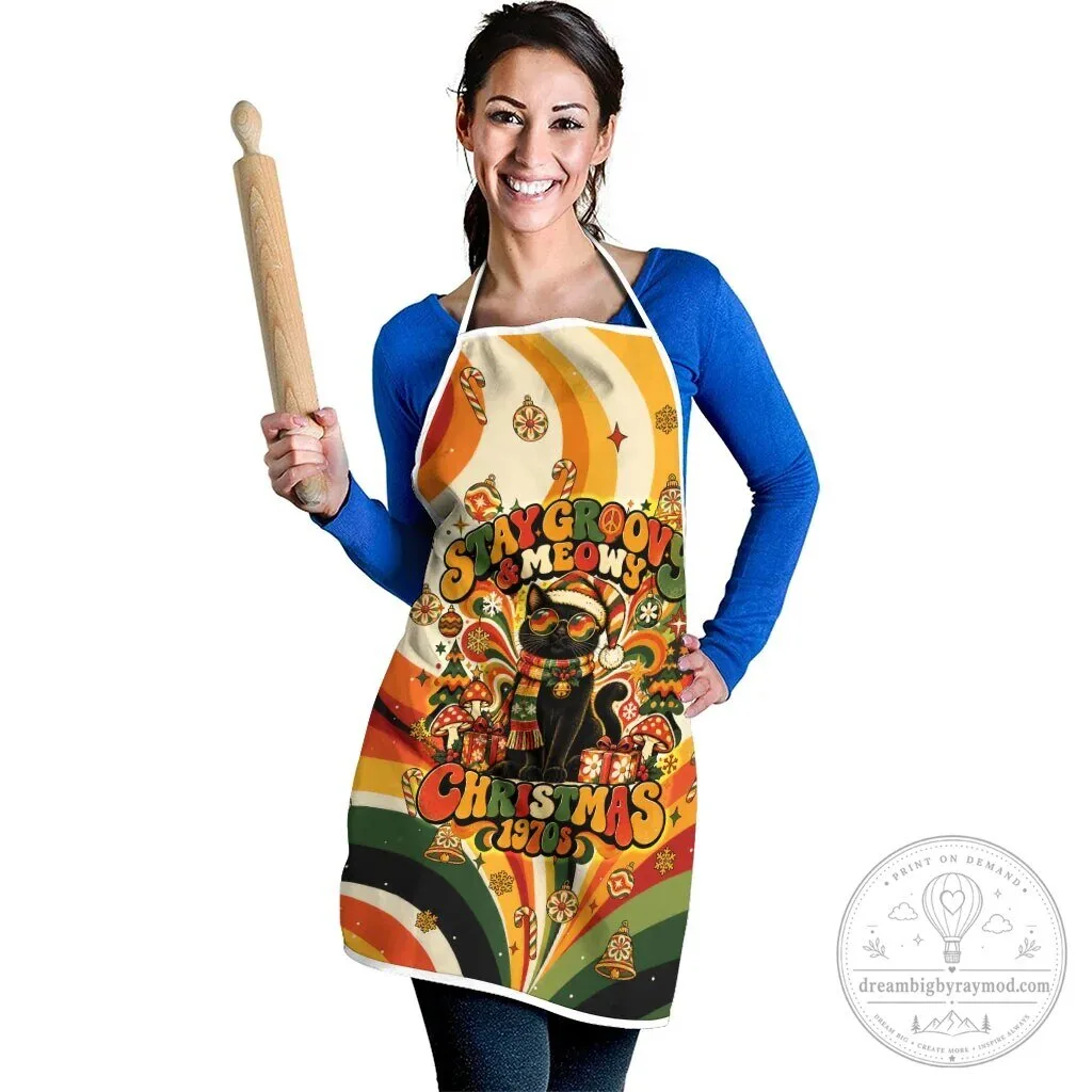 Black Cat Stay Groovy Meowy Christmas 1970s Retro Holiday Apron 8 Black Cat Stay Groovy Meowy Christmas 1970s Retro Holiday Apron