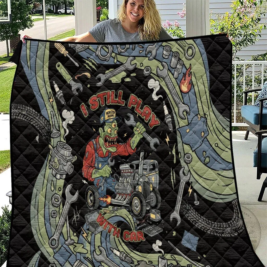 Zombie Mechanic Monster Motors Hot Rod Car Tools Retro Vintage Quilted Blanket