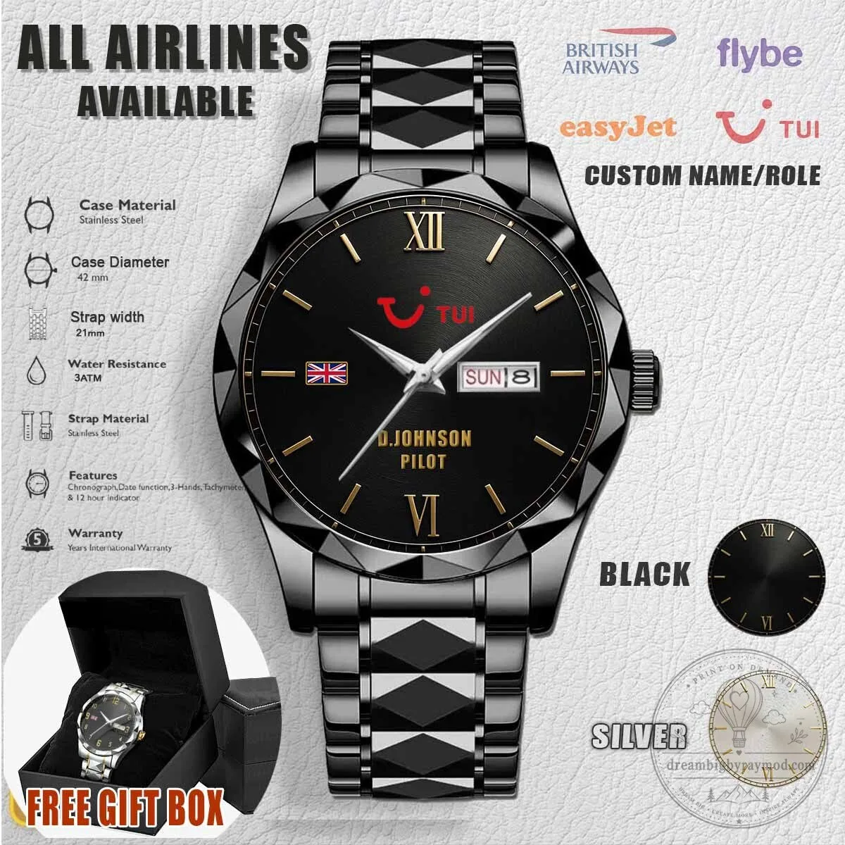 TUI Airways Pilot Custom Name Stainless Steel Luxury Watch