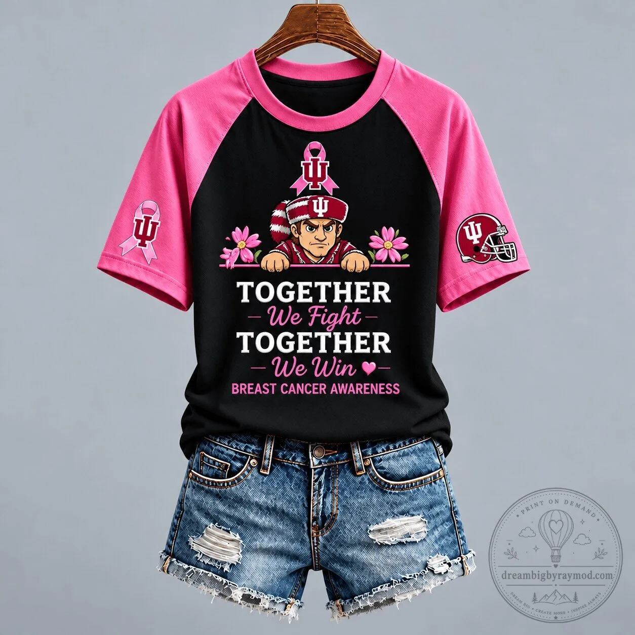 Indiana Hoosiers Breast Cancer Awareness Together We Fight Raglan T-Shirt
