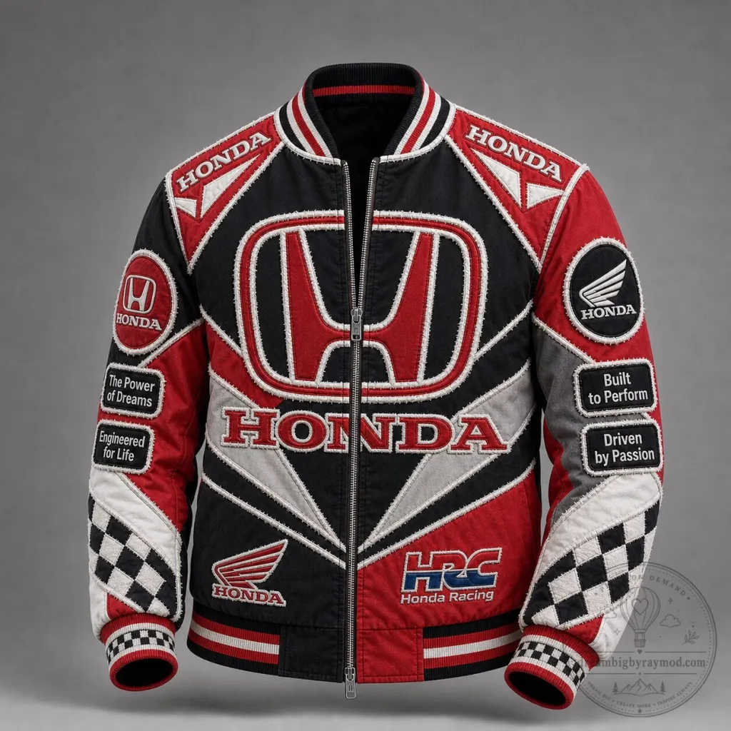 Honda Racing Motorcycle Embroidered Bomber Jacket with Checkered Flag Sleeves Honda Racing Motorcycle Embroidered Bomber Jacket with Checkered Flag Sleeves