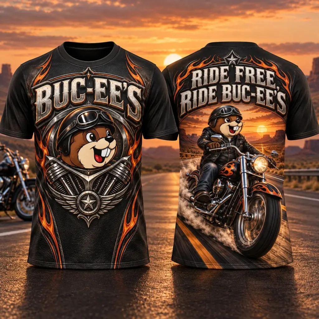 Buc-ee's Motorcycle Beaver Orange Flames All-Over Print T-Shirt Buc-ee's Motorcycle Beaver Orange Flames All-Over Print T-Shirt