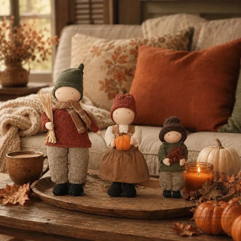Autumn Harvest Fabric Doll Figurines Set of Three with Fall Decorations
