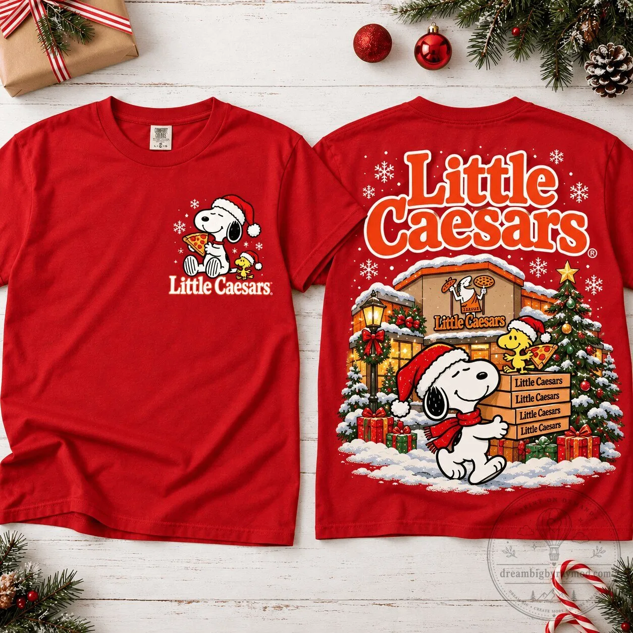 Snoopy Little Caesars Pizza Christmas Holiday Snow Scene Graphic T-Shirt