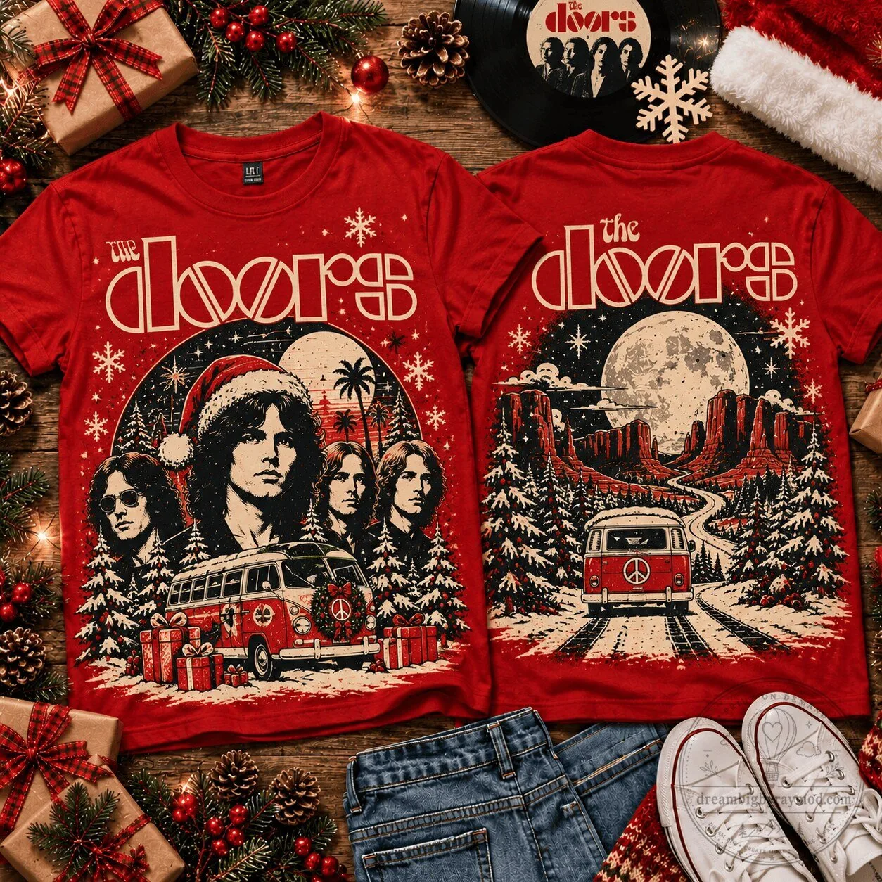 The Doors Christmas Holiday Collage Graphic T-Shirt for Fans Who Love Festive Winter