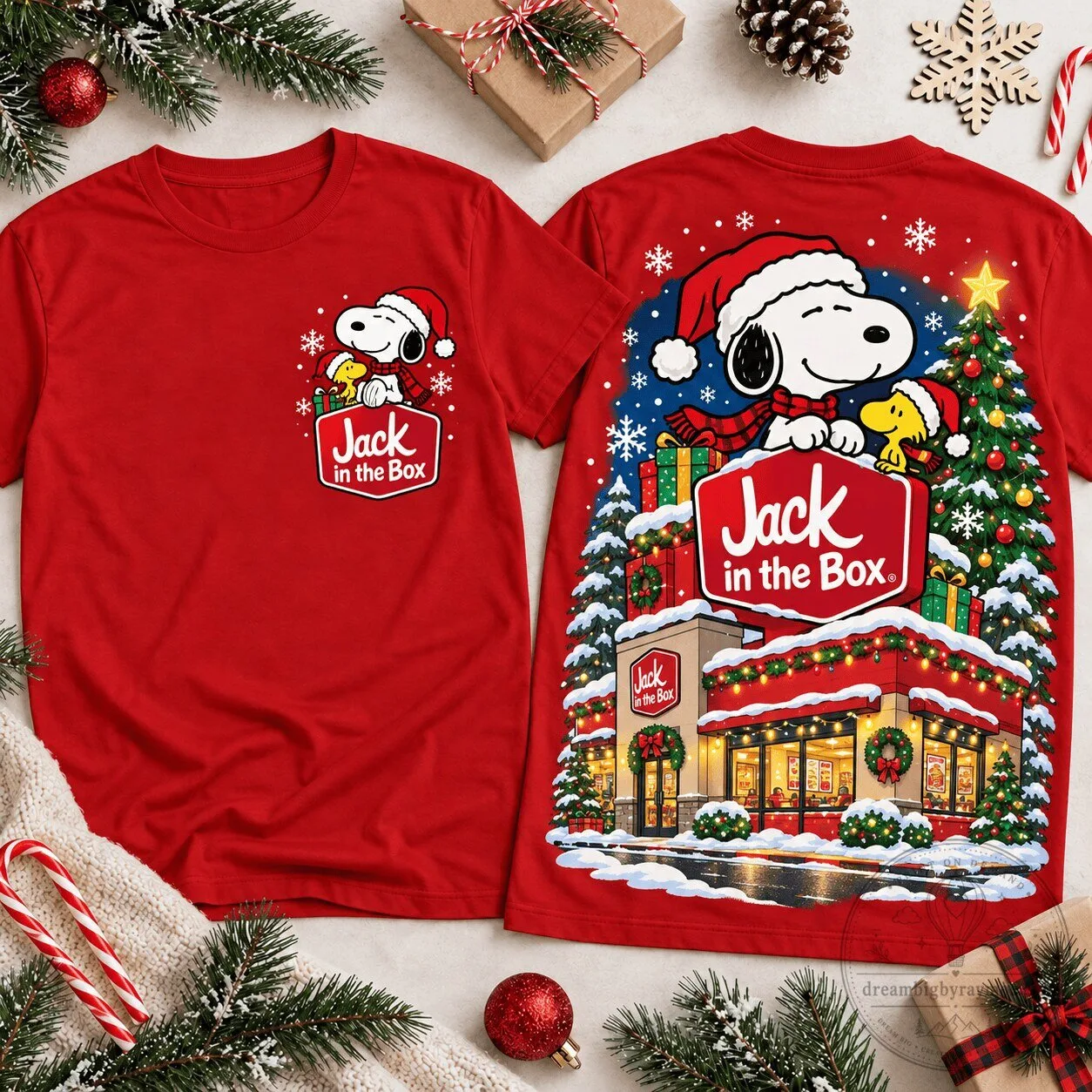 Snoopy Jack in the Box Christmas Restaurant Scene Holiday Red T-Shirt
